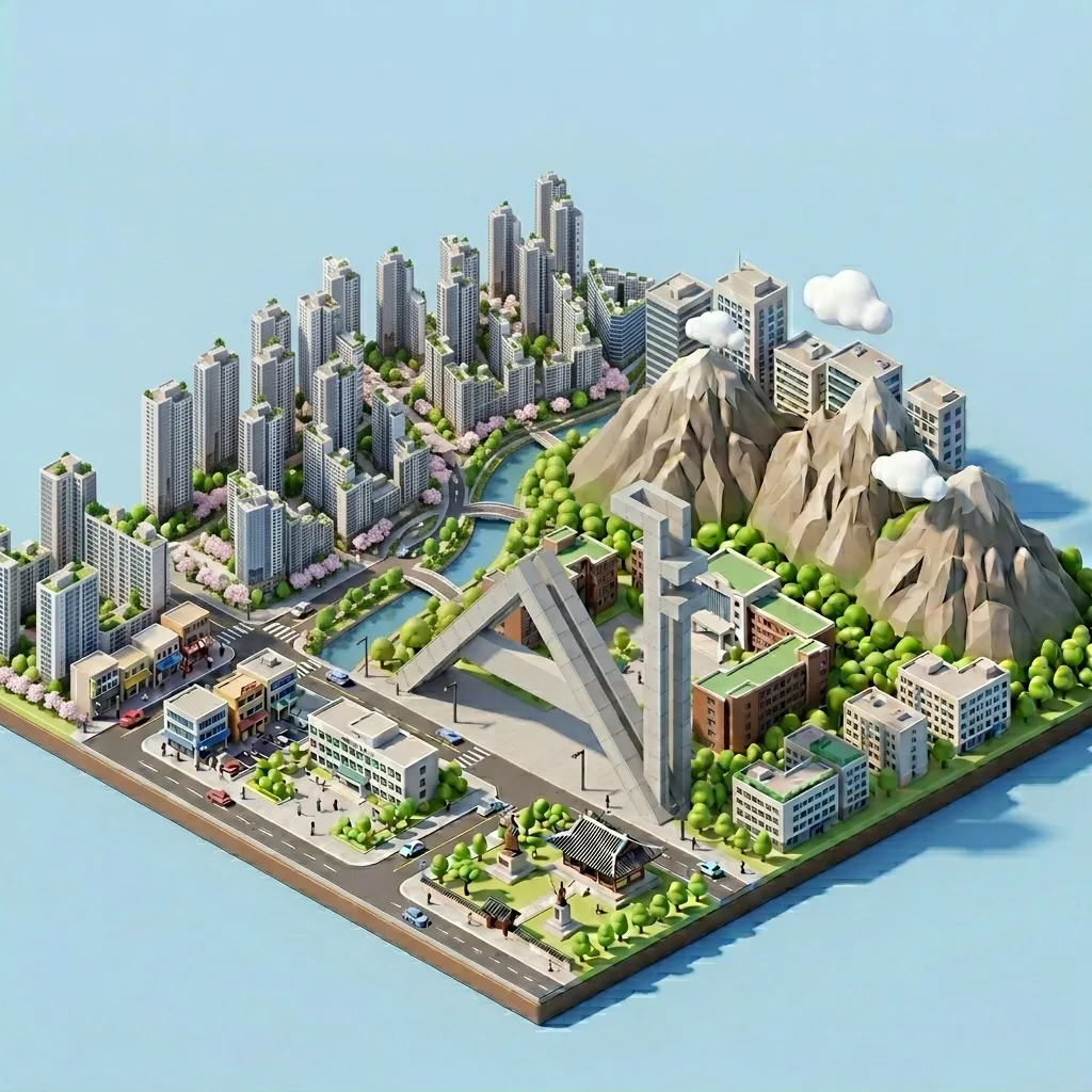 관악구사선거구 — 삼성동·대학동·도림천·관악산을 담은 아이소메트릭 도시 일러스트 (AI 생성)